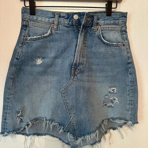 Zara denim Distressed asymmetrical raw hem mini skirt